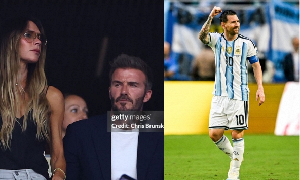 Chủ tịch David Beckham diện vest phong độ cùng vợ Victoria chiếm trọn 'spotlight' khán đài khi đi xem trận đấu của Messi 