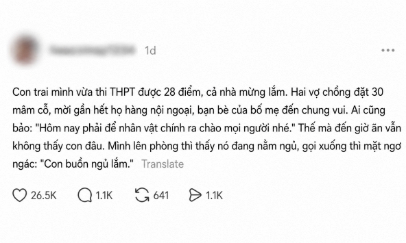 'Con học giỏi nhưng lại không biết giao tiếp': Bài đăng của người mẹ sau bữa tiệc mừng con đạt 28 điểm thi tốt nghiệp gây bão mạng