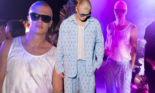 Haaland khi cởi áo Na Uy: Mặc ba lỗ trắng với pijama kẻ sọc, tưởng bác trai Việt Nam nào không đó