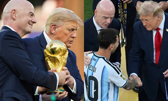 Tổng thống Donald Trump cùng chủ tịch FIFA trao cúp vô địch World Cup cho Tây Ban Nha, vỗ vai động viên Messi