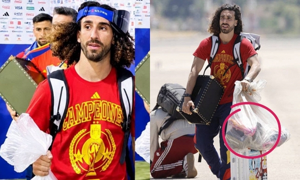 Cucurella 'bá đạo' nhất World Cup, hết đựng cúp vàng lại đựng giày vào túi ni lông: 'Anh vô địch mà trông anh khổ quá!'