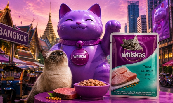 Chú mèo thần tài màu tím giữa Bangkok, khi một thương hiệu thức ăn thú cưng 'sửa' cả một biểu tượng văn hóa để bán dinh dưỡng