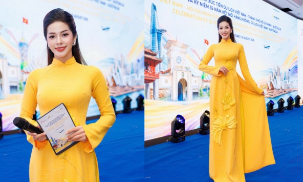 MC Thu Nga dẫn chương trình tại Sydney, diện áo dài hoa sen gây chú ý