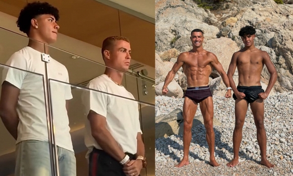 Ronaldo xuất hiện bảnh bao nhưng con trai mới chiếm 'spotlight': 16 tuổi đã cao 1m85, màn cha con đọ cơ bắp cũng gây choáng