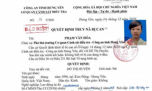 Quyết định truy nã Đỗ Thị Huyền SN 1996
