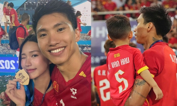 Văn Hậu hạnh phúc ôm Doãn Hải My ăn mừng Việt Nam vô địch, nhắn gửi cực ngọt: 'Bố yêu 2 mẹ con'