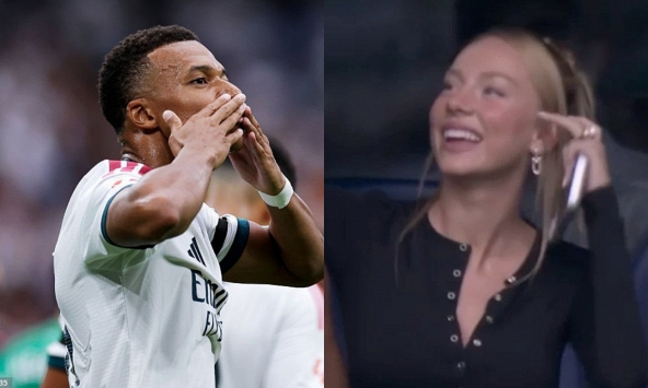 Mbappe vô-lê đẳng cấp rồi ăn mừng hướng về mỹ nhân Tây Ban Nha Ester Exposito đang nhảy lên reo hò trên khán đài