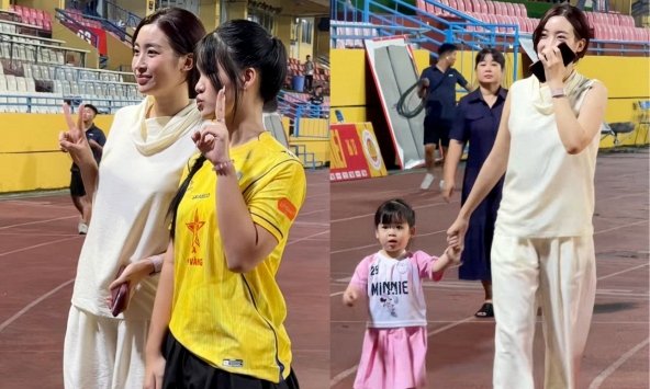 Đỗ Mỹ Linh khoe nhan sắc rạng rỡ, ngại ngùng chạy lên xế hộp 'trốn' cam thường sau trận đấu của Hà Nội FC