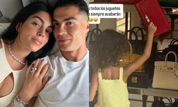'Rich kid' nhà Ronaldo lấy túi Hermes làm đồ chơi