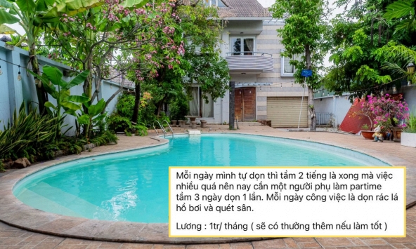 Tuyển người quét lá hồ bơi trong villa ở TP.HCM lương 1 triệu/tháng gây tranh cãi: Chủ nhà lên tiếng