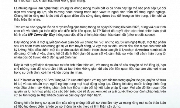Nóng: Công ty của Sơn Tùng MTP ra thông báo mới, cập nhật MV Come My Way