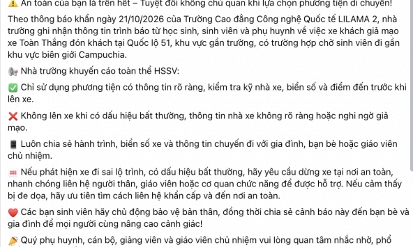 1 Trường Cao đẳng bất ngờ phát thông báo khẩn: Sinh viên bị xe khách chở đến gần biên giới Campuchia