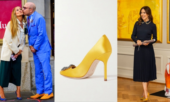 Mặc váy áo tối màu sao cho không bị già? Cứ nhìn cách Vương hậu Mary diện đôi Manolo vàng rực này là rõ!