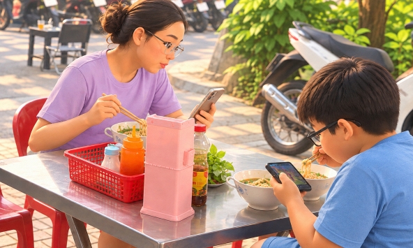 Bức ảnh hai mẹ con ở TPHCM ăn sáng tưởng bình thường, nhìn kĩ lại, nhiều phụ huynh vô cùng lo lắng