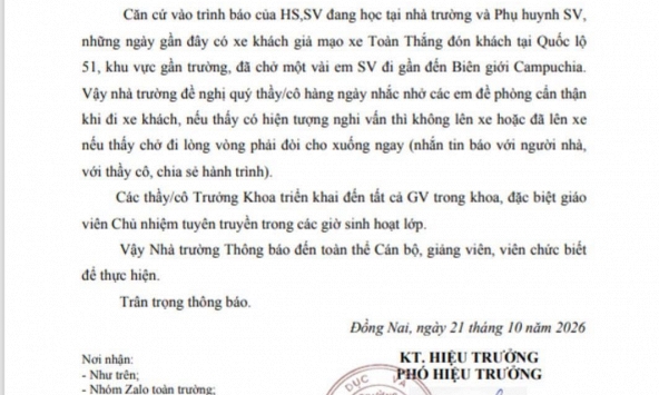 NÓNG: 1 trường Cao đẳng phát văn bản cảnh báo thủ đoạn xe khách giả mạo, chở sinh viên đến gần biên giới!