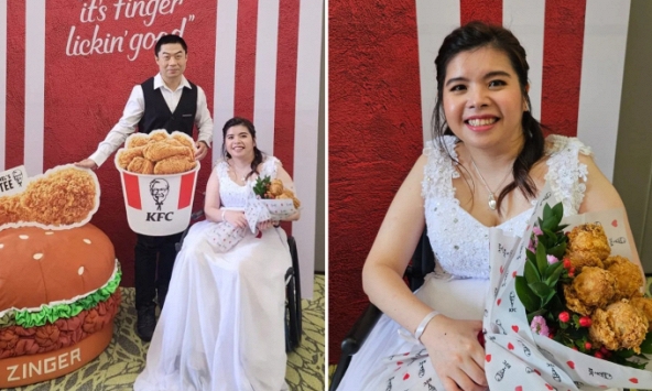 Làm đám cưới ngập gà KFC, cô dâu chú rể khiến dân mạng cười bò: Đến bó hoa cũng độc nhất!