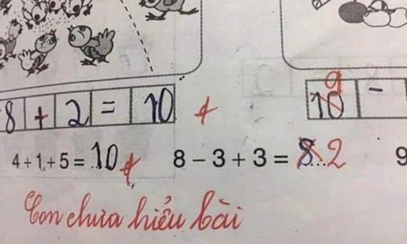 Học sinh tiểu học làm phép tính '8-3+3=8' bị cô gạch đỏ và sửa lại thành 2, cả cõi mạng dậy sóng